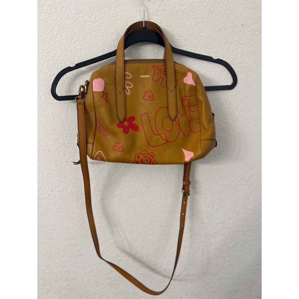 Fossil Sydney Love Tan Leather Satchel With Pink Heart Details & Adjustable Stra